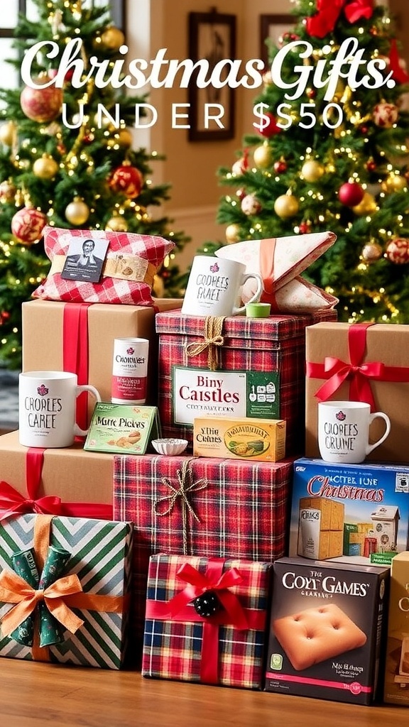 A collection of Christmas gifts under $50, beautifully wrapped and arranged with holiday decorations.